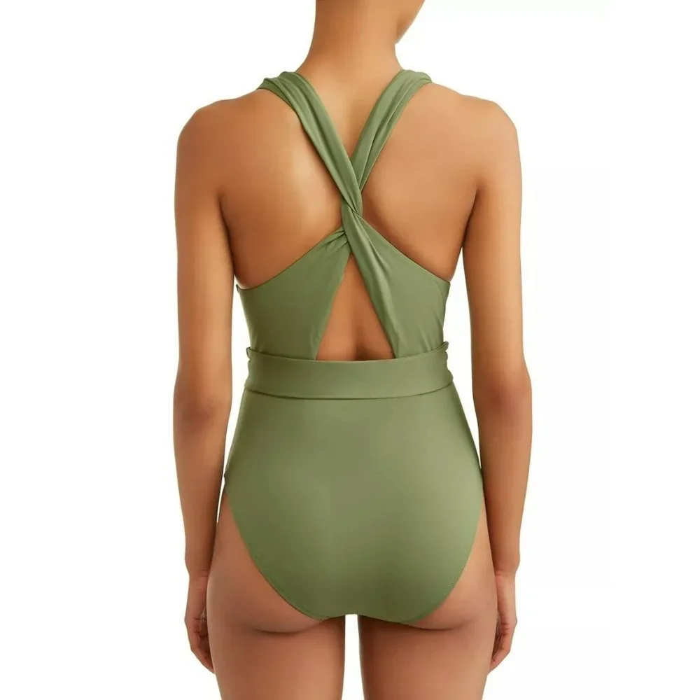 Women's Solid Deep V One Piece Swimsuit Bay Leaf SIZE Medium